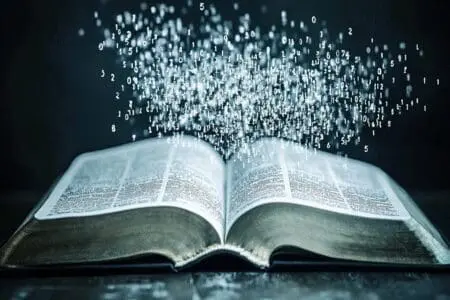 An open Bible with countless small numbers (verses) flowing to a large total number, representing the sum of all verses