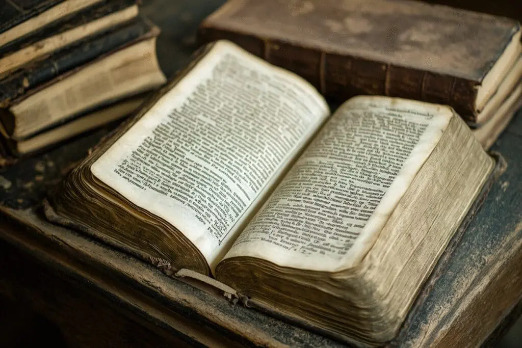 An open Bible with highlighted textual variations, alongside historical documents, representing facts about changes to the Bible