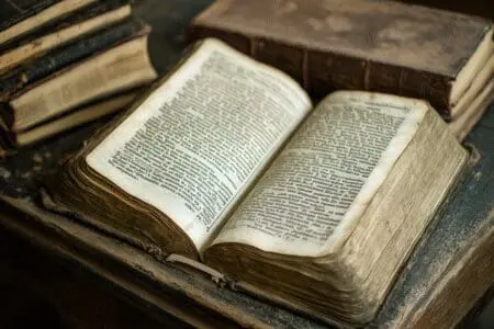 An open Bible with highlighted textual variations, alongside historical documents, representing facts about changes to the Bible