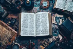An open ESV Bible surrounded by subtle Protestant and Catholic symbols, representing the truth about its denominational affiliation