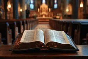 An open NRSV Bible on a pew in an Episcopal church, representing church standards