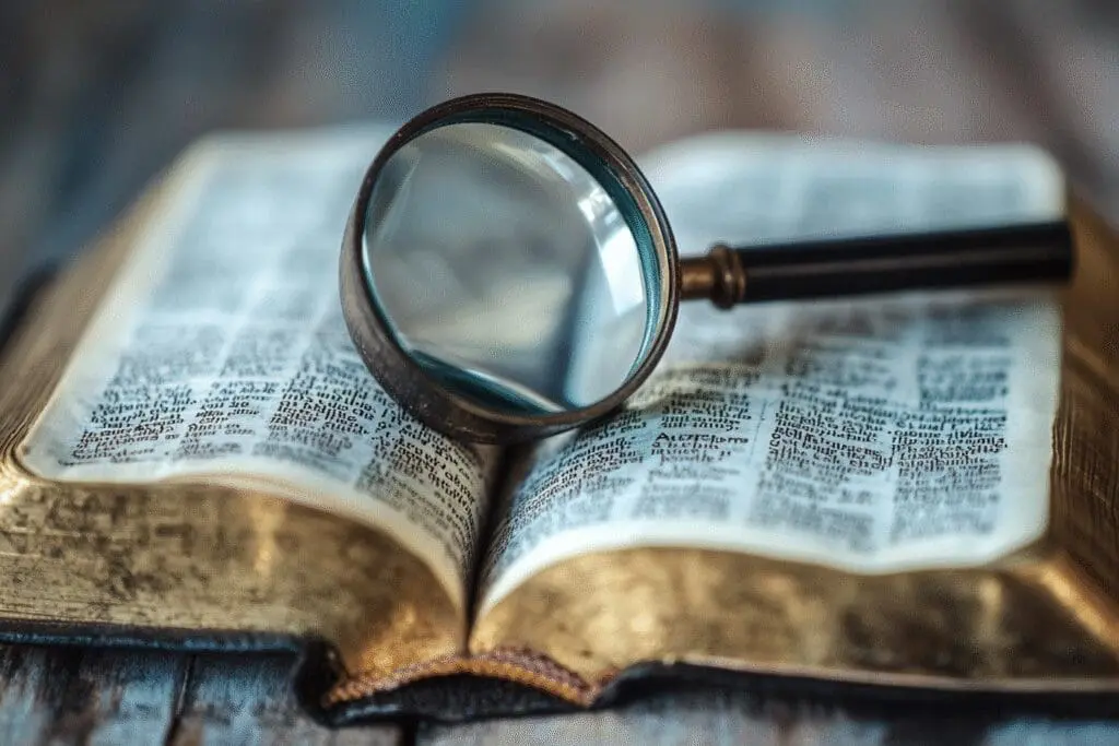 An open, aged Bible with a magnifying glass on its table of contents, focusing on chapter counts per book