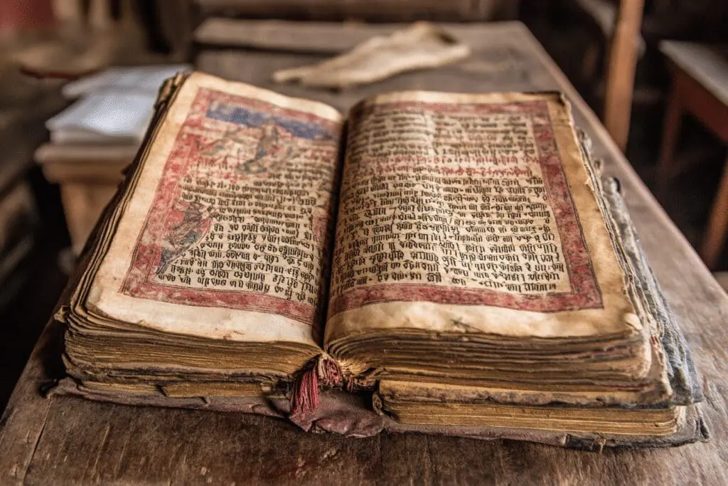 An open, ancient, illuminated Ethiopian Ge'ez Bible manuscript in a historical setting