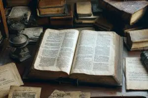 An open, antique Geneva Bible on a desk surrounded by historical documents, emphasizing historical evidence of its accuracy