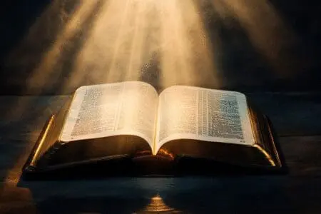 An open, radiant Bible with seven beams of light, symbolizing seven life-changing reasons for its importance