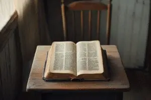 An open, well-worn KJV Bible on a simple wooden table in an Amish home, representing traditional scripture