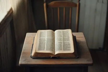 An open, well-worn KJV Bible on a simple wooden table in an Amish home, representing traditional scripture