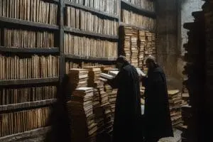 Ancient scholars in a library, selecting and categorizing scrolls for the Bible's canonization