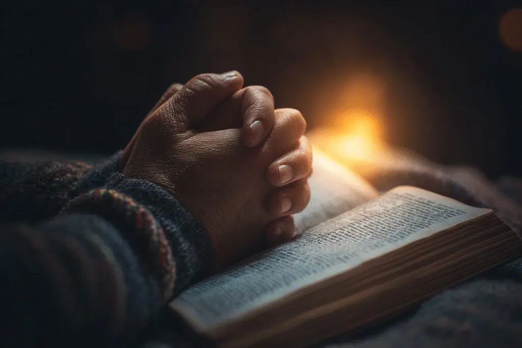Hands in prayer over an open glowing Bible answering the FAQ on how to pray the Bible Hands in prayer over an open glowing Bible answering the FAQ on how to pray the Bible