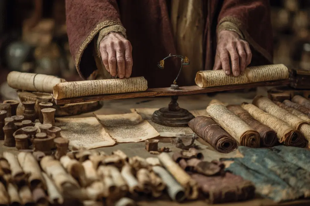 Hands weighing scrolls on a scale symbolizing the answer to the FAQ on how were the books of the Bible selected Hands weighing scrolls on a scale symbolizing the answer to the FAQ on how were the books of the Bible selected
