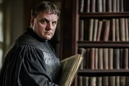 Martin Luther near a printing press with some Bible books separated, revealing his role in the canon
