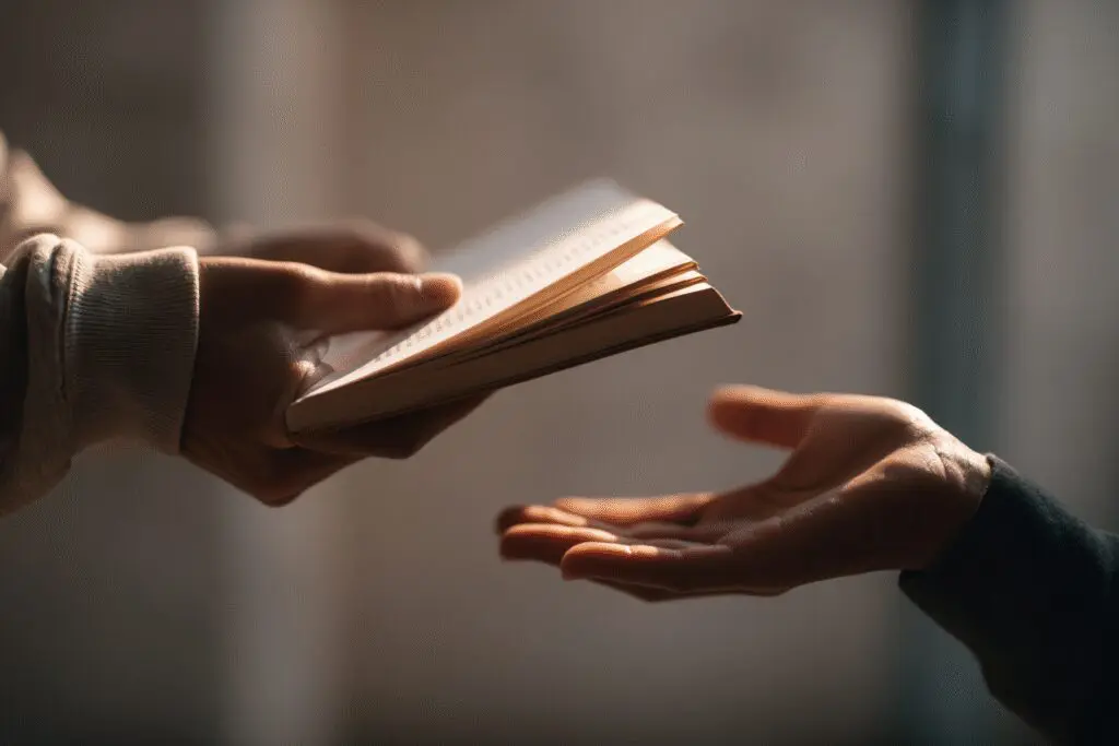 One person offering a book to another illustrating the FAQ on how to convince someone that the Bible is true One person offering a book to another illustrating the FAQ on how to convince someone that the Bible is true
