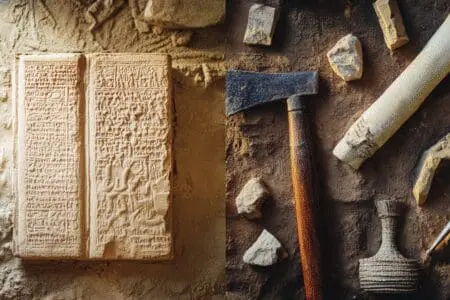 Split image contrasting fictional elements with archaeological tools and historical artifacts, addressing whether the Bible is fiction or nonfiction
