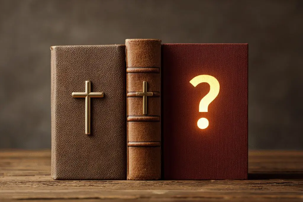 Two Bibles with different symbols and a question mark asking the FAQ is ESV Bible Catholic