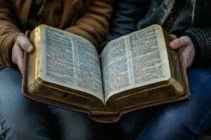 Two people in conversation over an open Bible, illustrating a guide on convincing someone of its truth
