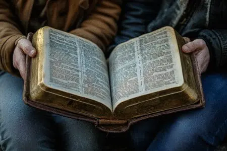 Two people in conversation over an open Bible, illustrating a guide on convincing someone of its truth
