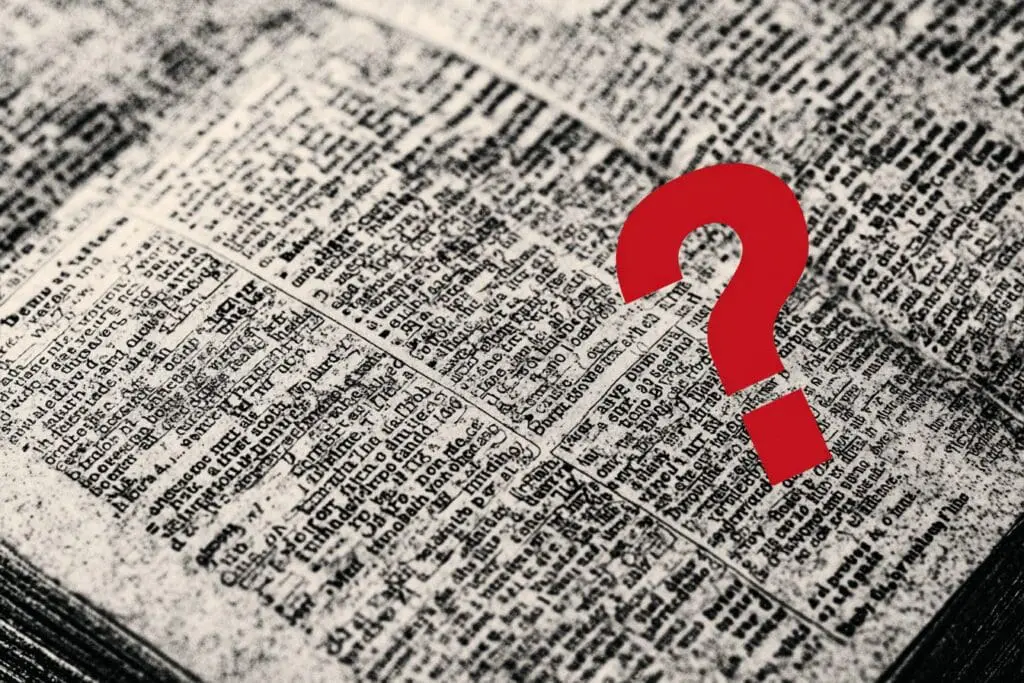 A Bible verse cluttered with extra text and a question mark illustrating the key issues and asking what is wrong with the Amplified Bible