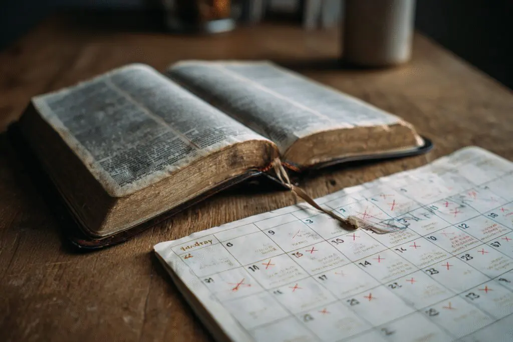 A calendar with crossed-off days next to a Bible answering the FAQ on how long does it take to read the Bible A calendar with crossed-off days next to a Bible answering the FAQ on how long does it take to read the Bible