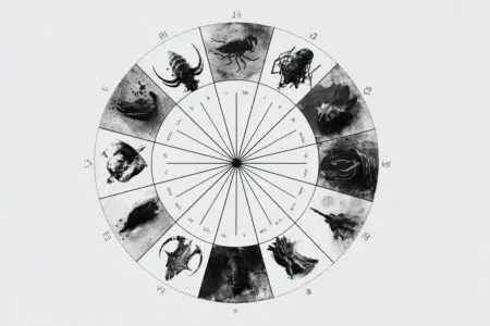A circle divided into 12 parts with dark symbols representing what are the 12 sins in the Bible