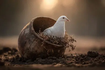 A dove nesting in a soldiers helmet representing what is peace in the Bible and the meaning of Shalom