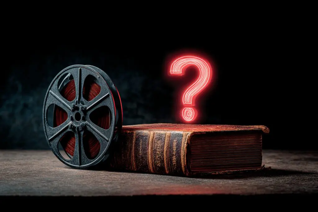 A film reel next to a Bible clarifying the FAQ on why was the Book of Eli removed from the Bible
