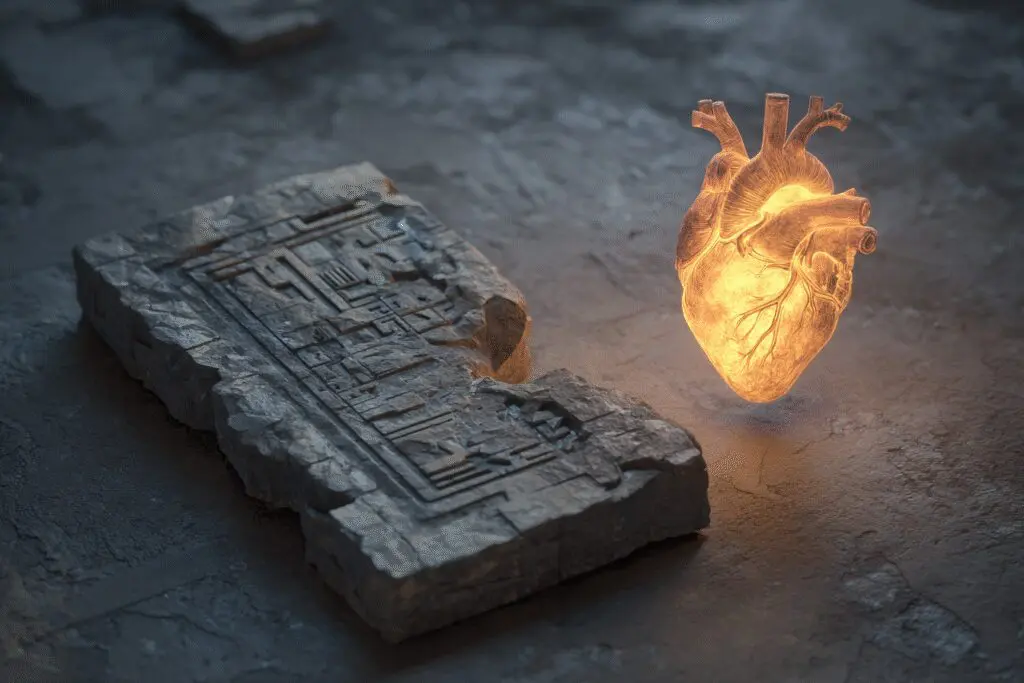 A glowing heart next to a broken stone tablet answering the FAQ on what is the New Covenant in the Bible A glowing heart next to a broken stone tablet answering the FAQ on what is the New Covenant in the Bible