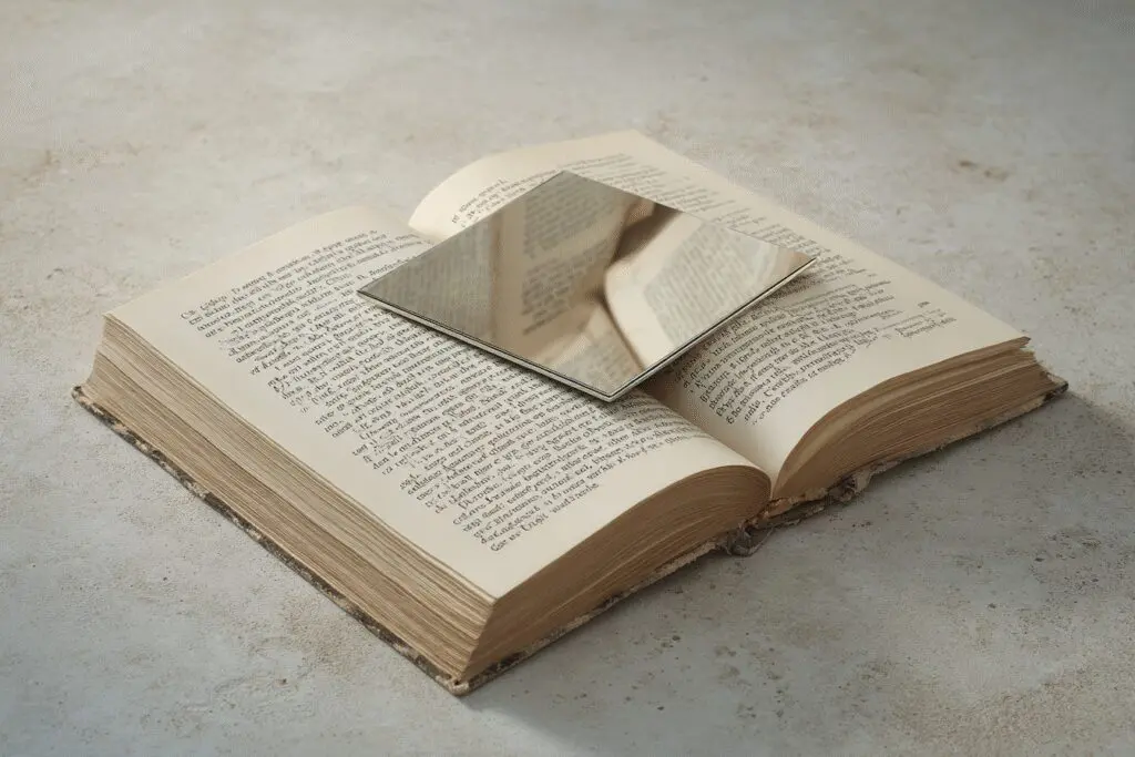 A mirror on a Bible reflecting itself answering the FAQ on what does the Bible say about itself A mirror on a Bible reflecting itself answering the FAQ on what does the Bible say about itself