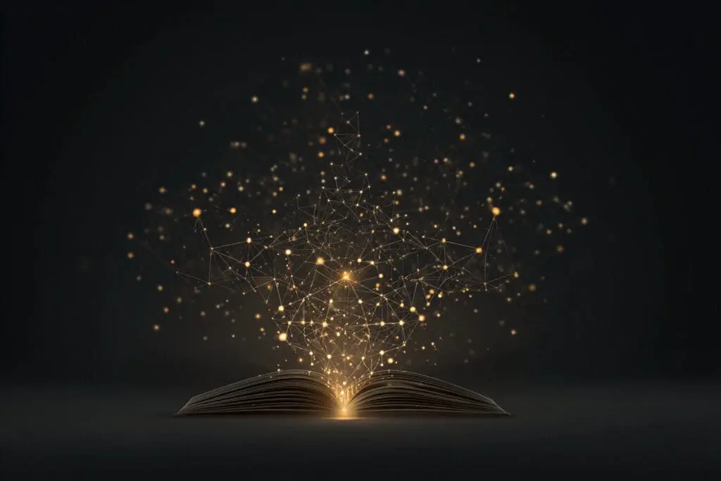 A network diagram connecting a central book to others answering the FAQ on what is the best cross reference Bible