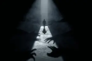 A person overcoming shadowy hands to stay on a path of light illustrating what is temptation in the Bible