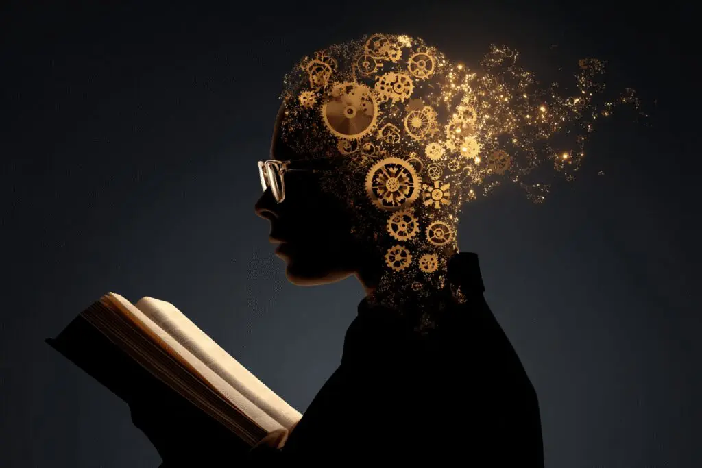 A persons head with turning gears while reading a Bible a metaphor for how to study the Bible effectively A persons head with turning gears while reading a Bible a metaphor for how to study the Bible effectively