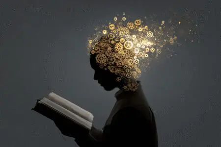 A persons head with turning gears while reading a Bible a metaphor for how to study the Bible effectively