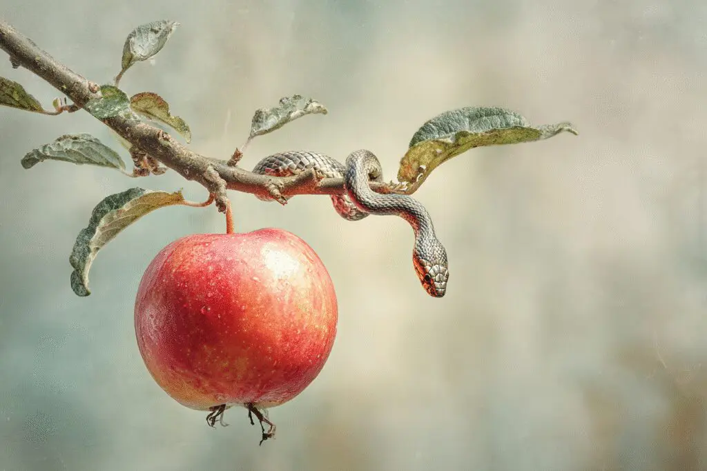 A serpent coiled near an apple illustrating the FAQ on what is temptation in the Bible A serpent coiled near an apple illustrating the FAQ on what is temptation in the Bible