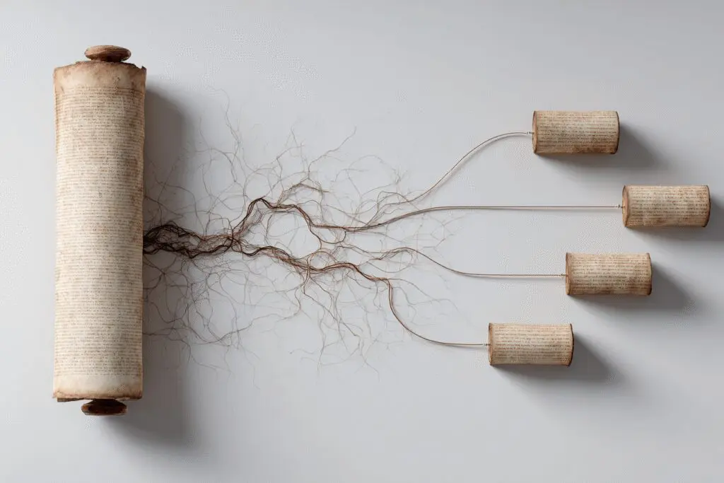 A single ancient scroll branching out into many modern Bibles illustrating why there are so many Bible translations