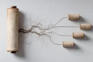 A single ancient scroll branching out into many modern Bibles illustrating why there are so many Bible translations