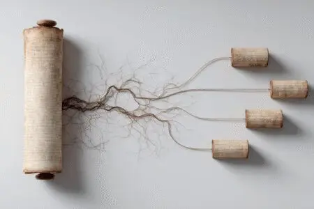A single ancient scroll branching out into many modern Bibles illustrating why there are so many Bible translations