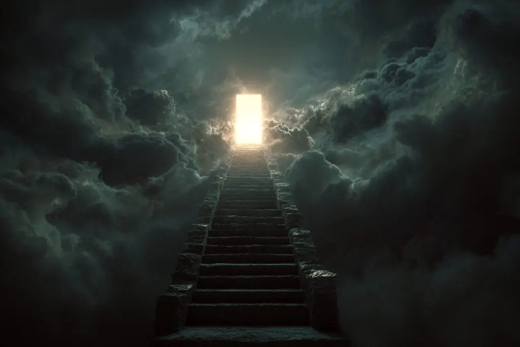 A staircase leading through clouds to a bright light representing how to get to heaven according to the Bible
