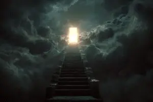 A staircase leading through clouds to a bright light representing how to get to heaven according to the Bible