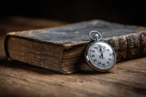 A stopwatch next to a Bible illustrating the question how long does it take to read the Bible