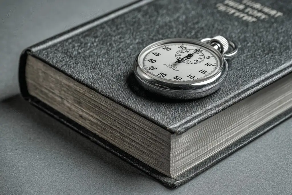 A stopwatch placed beside a Bible representing the answer to how many hours to read the Bible
