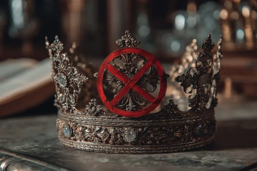 A symbol of prohibition over a kings crown answering the FAQ on why was the Geneva Bible banned