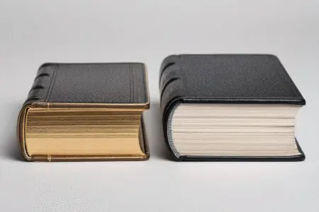 A very slim Bible next to a thick one explaining what is a Thinline Bible