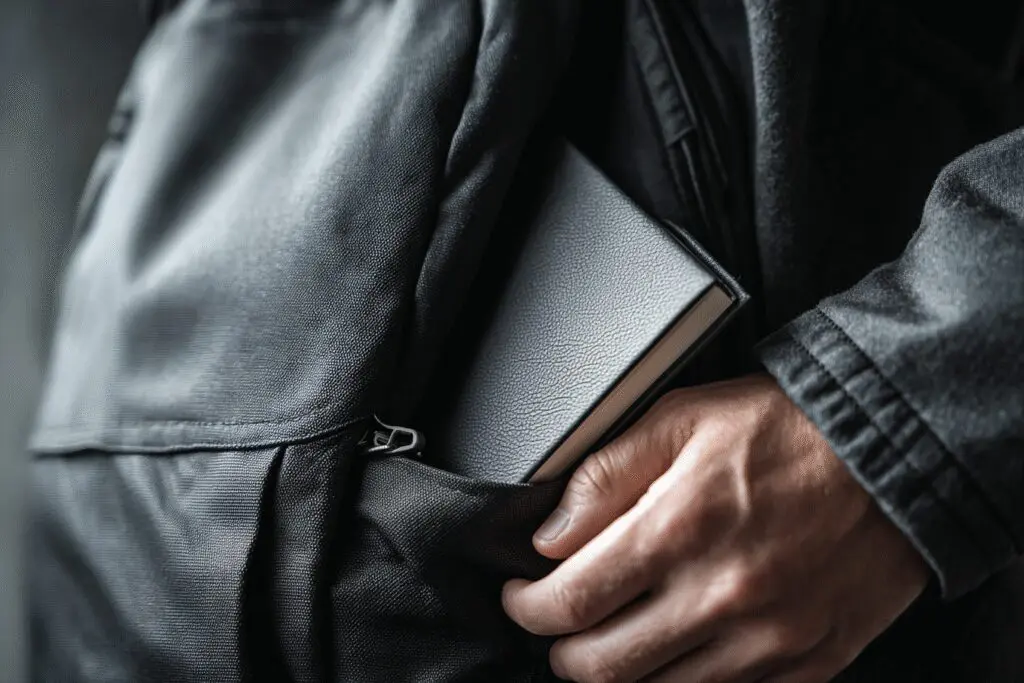 A very thin book being placed in a bag demonstrating the benefit for the FAQ on what is a Thinline Bible