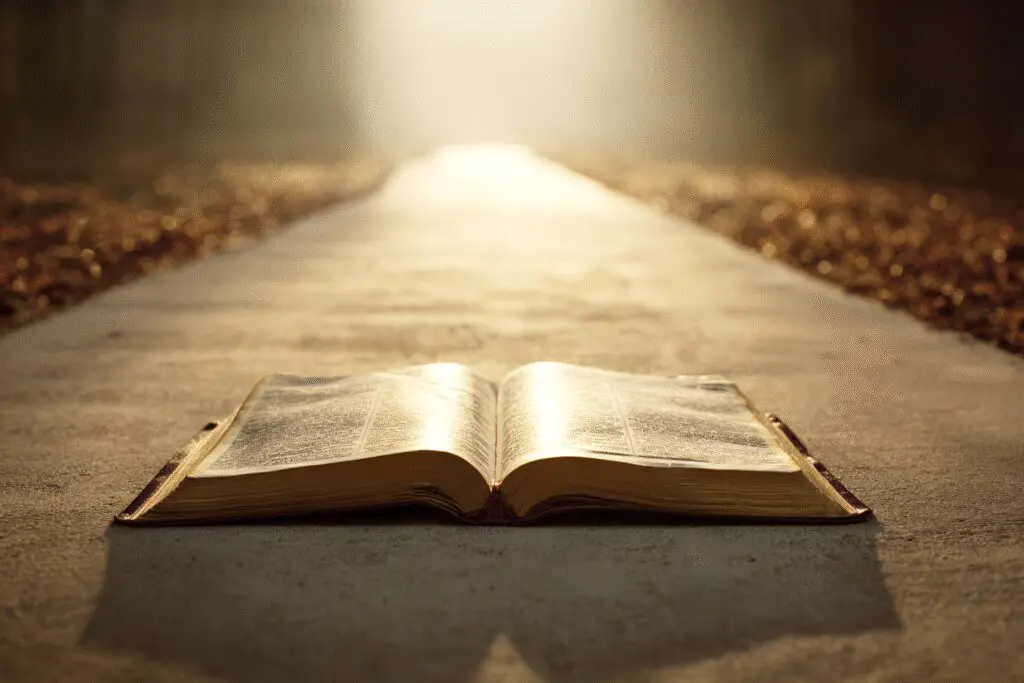 A welcoming path starting from an open Bible showing a good place to start for the FAQ on where is a good place to start reading the Bible A welcoming path starting from an open Bible showing a good place to start for the FAQ on where is a good place to start reading the Bible
