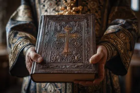 An Orthodox priest holding a Bible with a traditional cross answering what Bible the Orthodox Church uses