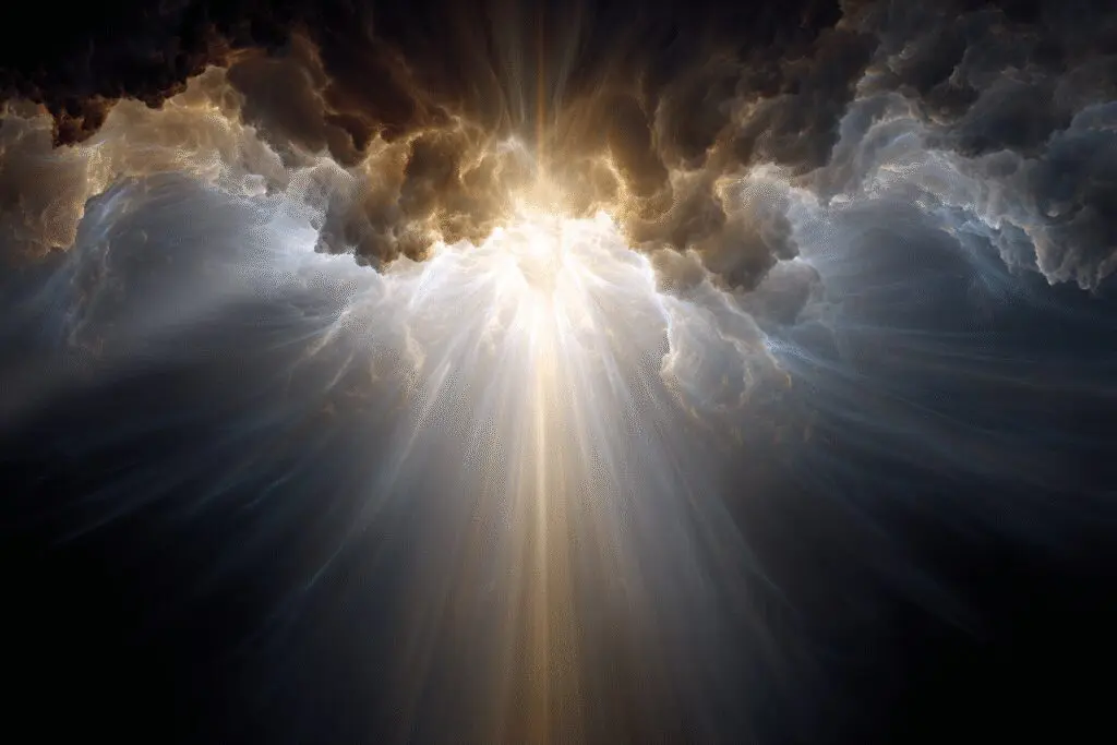 An abstract image exploring what God looks like in the Bible without a single physical form using concepts of light and fire