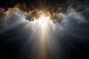 An abstract image exploring what God looks like in the Bible without a single physical form using concepts of light and fire