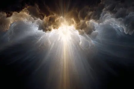 An abstract image exploring what God looks like in the Bible without a single physical form using concepts of light and fire