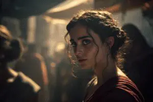 An illustration of the Python Spirit mentioned in the Bible in the book of Acts showing a possessed girl in a marketplace
