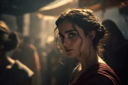 An illustration of the Python Spirit mentioned in the Bible in the book of Acts showing a possessed girl in a marketplace