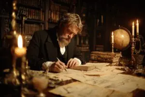 An image exploring the history facts of when the Rapture was added to the Bible showing a 19th-century scholar studying scripture